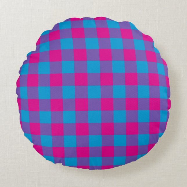 Purple Pink Blue Plaid Chequered Pattern Round Cushion (Front)