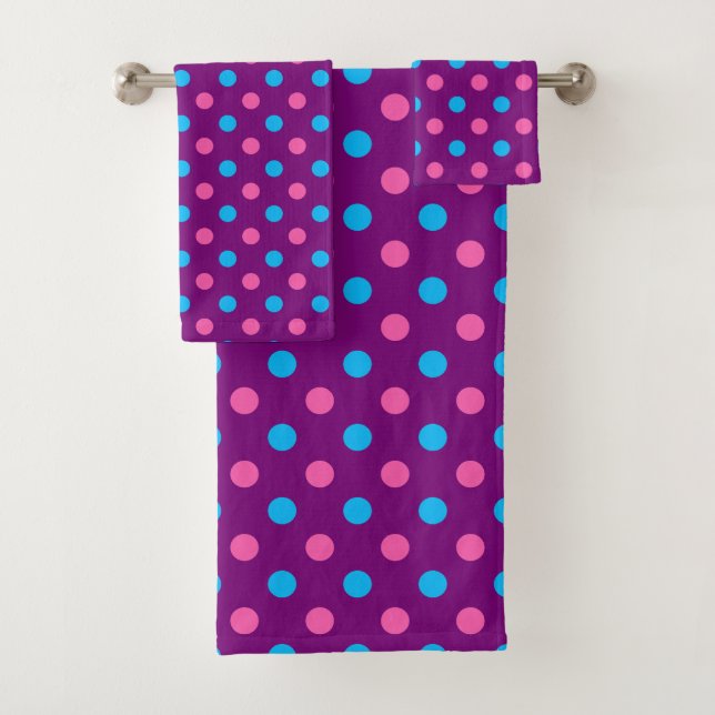 Purple Pink Blue Polka Dot Pattern Bath Towel Set (Insitu)