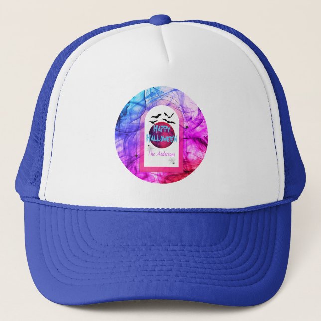 Purple Pink Blue Spooky Bat Modern Happy Halloween Trucker Hat (Front)