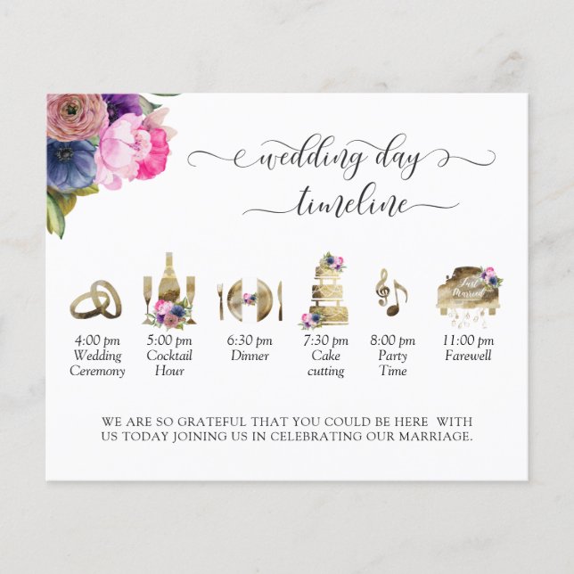Purple, Pink, Blue Wedding Timeline and Program (Front)