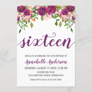 Purple Pink Blush Floral Watercolor 16th Birthday Invitation