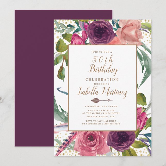 Purple Pink Boho Feather Floral Gold 50th Birthday Invitation (Front/Back)