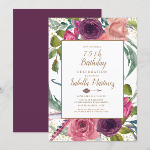 Purple Pink Boho Feather Floral Gold 75th Birthday Invitation