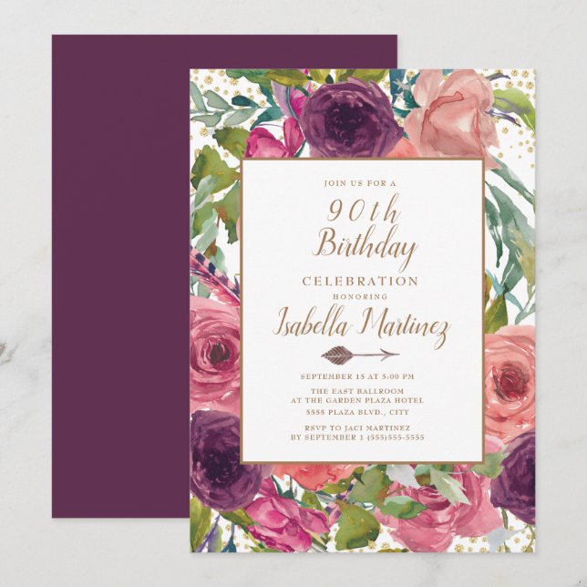 Purple Pink Boho Feather Floral Gold 90th Birthday Invitation (Front/Back)