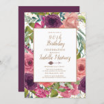 Purple Pink Boho Feather Floral Gold 90th Birthday Invitation<br><div class="desc">Purple,  burgundy,  and blush pink boho-style floral,  feathers,  and arrow with gold glitter 90th birthday party invitation.  Contact us for help with customization or to request matching products.</div>