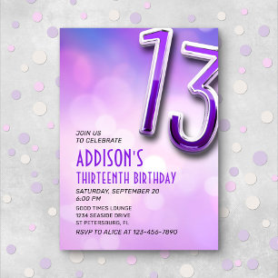 Purple Pink Bokeh 13th Birthday Invitation