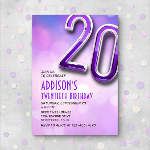 Purple Pink Bokeh 20th Birthday Invitation
