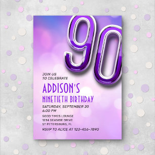 Purple Pink Bokeh 90th Birthday Invitation