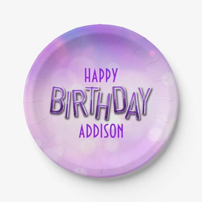 Purple Pink Bokeh Birthday Paper Plate (Front)