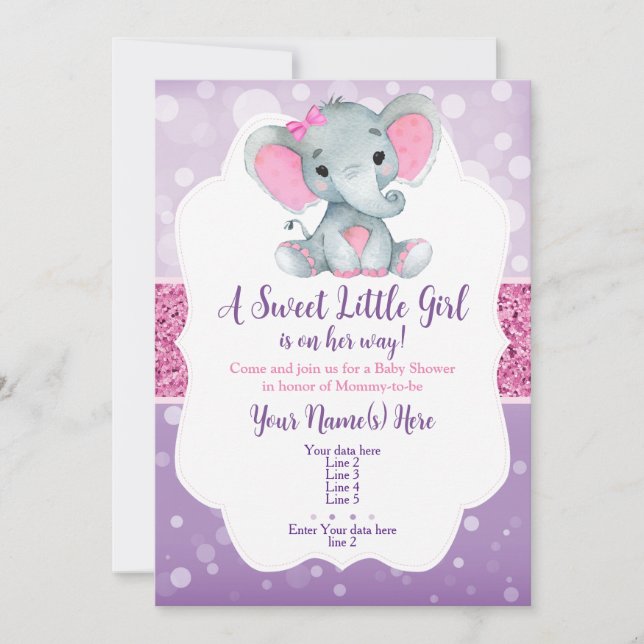 Purple Pink Bokeh Elephant Invitation Glitter (Front)