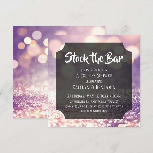 Purple & Pink Bokeh, Stock the Bar Couples Shower Invitation (Front/Back)