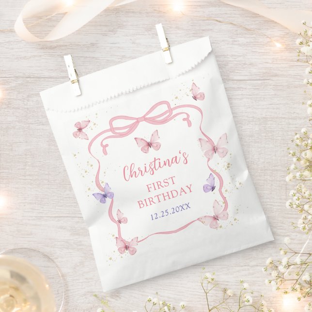 Purple Pink Bow Butterfly Birthday Party Favour Bags (Clipped)