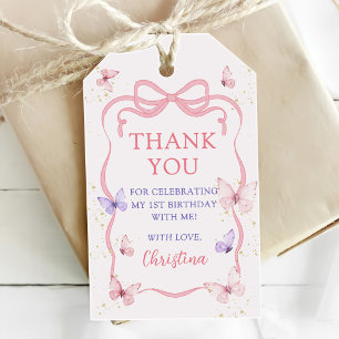 Purple Pink Bow Butterfly Birthday Party Gift Tags