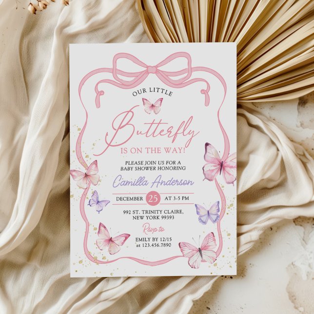 Purple Pink Bow Butterfly Girl Baby Shower Invitation (Creator Uploaded)