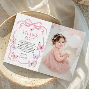 Purple Pink Bow Butterfly Girl Birthday Photo Thank You Card