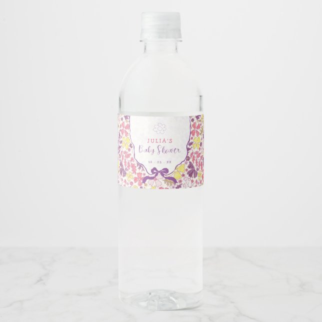 Purple Pink Bow Wildflowers Blooms Baby Shower Water Bottle Label (Front)