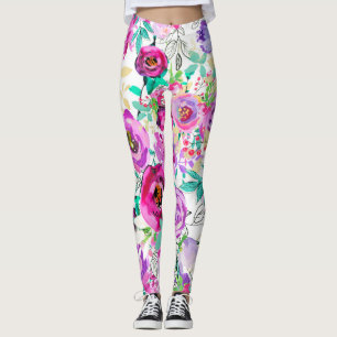 Purple Pink Bright Colourful Bold Modern Floral Leggings