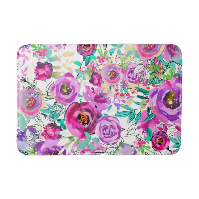 Purple Pink Bright Colourful Chic Modern Floral Bath Mat (Front)