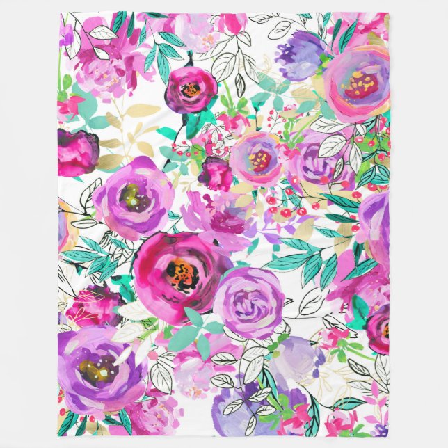 Purple Pink Bright Colourful Chic Modern Floral Fleece Blanket (Front)