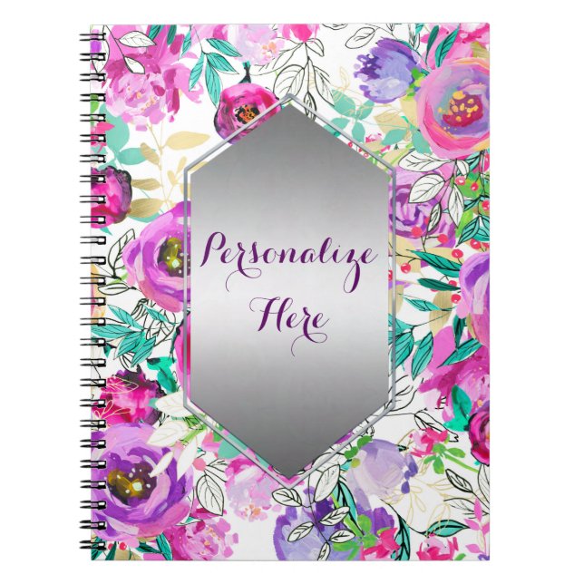 Purple Pink Bright Colourful Chic Modern Floral Notebook (Front)