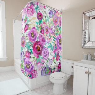 Purple Pink Bright Colourful Chic Modern Floral Shower Curtain
