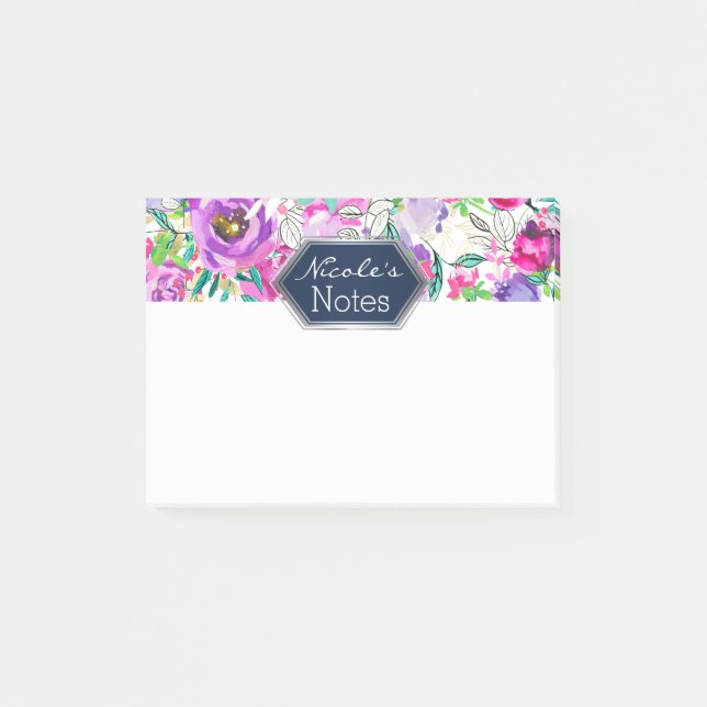 Purple Pink Bright Colourful Modern Floral Chic Post-it Notes (Front)