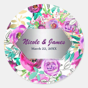 Purple Pink Bright Colourful Modern Floral Favour Classic Round Sticker