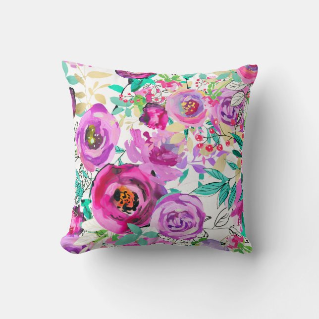 Purple Pink Bright Colourful Modern Floral Pattern Cushion (Front)