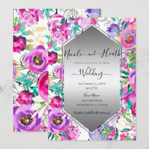 Purple Pink Bright Floral Watercolor Wedding  Invitation
