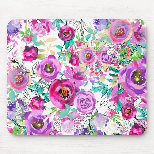 Purple Pink Bright Modern Floral Shabby Chic Mouse Mat (Front)