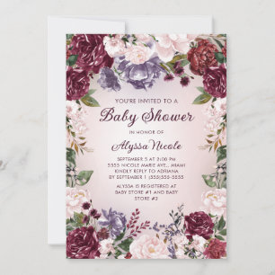 Purple Pink Burgundy Floral Baby Shower Invitation