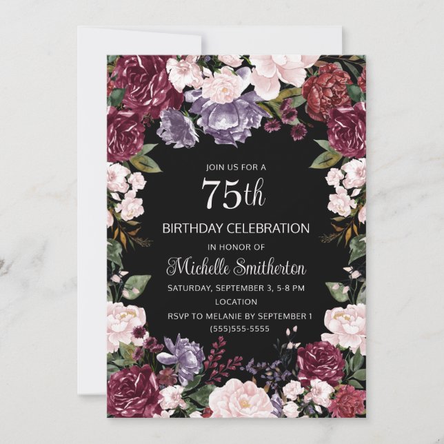 Purple Pink Burgundy Floral Black 75th Birthday Invitation (Front)
