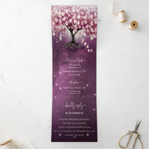 Purple Pink Burgundy Wine Heart Leaf Tree Wedding Tri-Fold Invitation