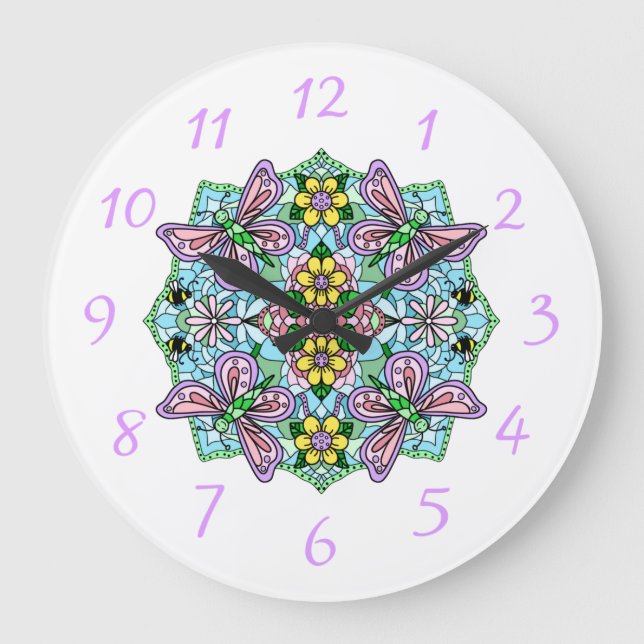Purple, Pink Butterflies and Flowers Mandala  Large Clock (Front)