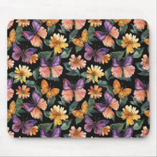 Purple Pink Butterflies Yellow Flowers Mouse Mat