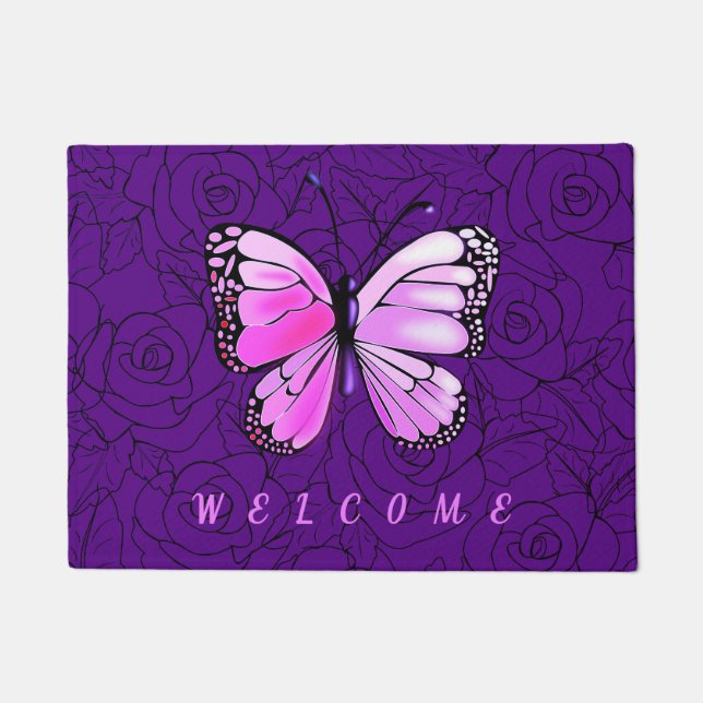 Purple Pink Butterfly And Roses Welcome Doormat (Front)
