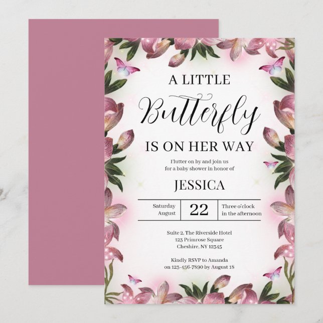 Purple Pink Butterfly Baby Girl Baby Shower Invitation (Front/Back)