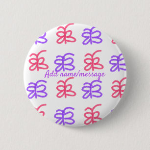 Purple pink butterfly doodle pattern add name text 6 cm round badge