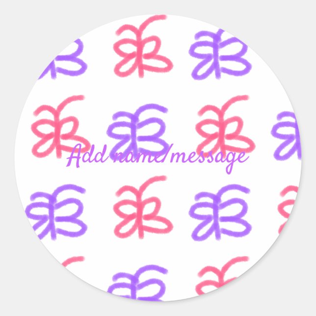 Purple pink butterfly doodle pattern add name text classic round sticker (Front)