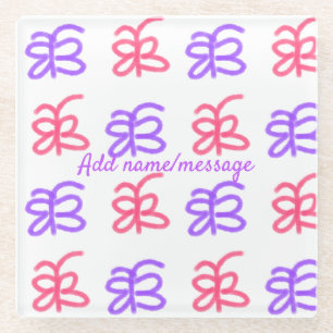 Purple pink butterfly doodle pattern add name text glass coaster