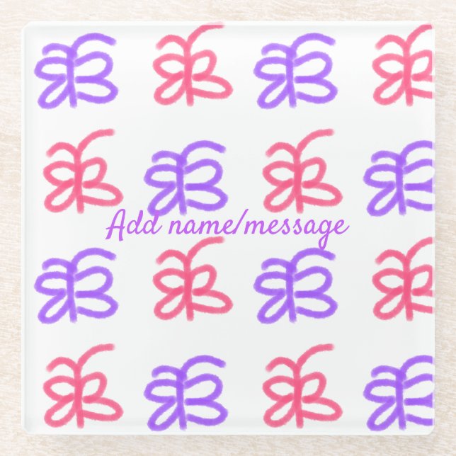 Purple pink butterfly doodle pattern add name text glass coaster (Front)