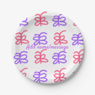 Purple pink butterfly doodle pattern add name text paper plate