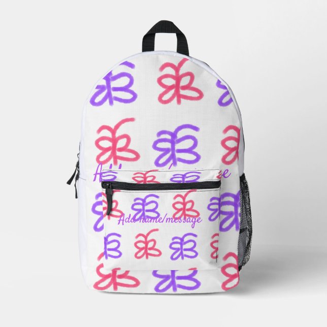 Purple pink butterfly doodle pattern add name text printed backpack (Front)