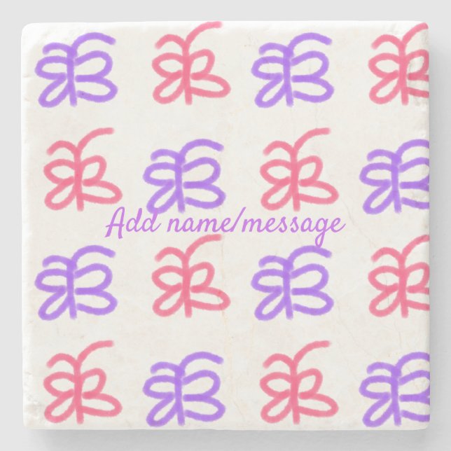 Purple pink butterfly doodle pattern add name text stone coaster (Front)