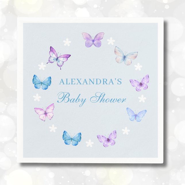 Purple Pink Butterfly Dusty Blue Baby Shower Napkin (Creator Uploaded)