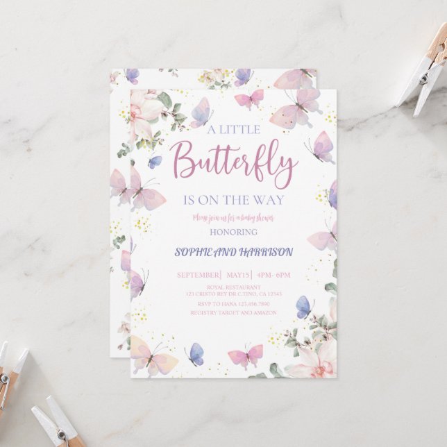 Purple Pink  Butterfly Is On The Way Baby Shower Invitation (Front/Back In Situ)