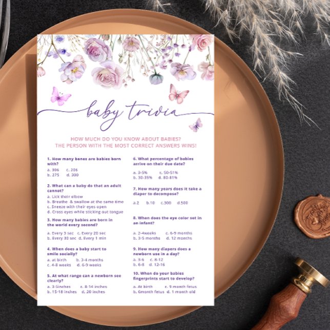 Purple Pink Butterfly Wildflowers Baby Trivia Game (Creator Uploaded)