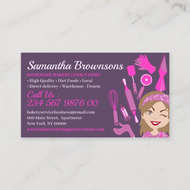 Purple Pink Cartoon Lady Bakery Cake Pastry Cook Business Card (Front)