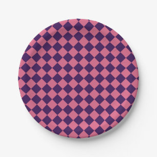 Purple Pink Chequered Diamond Pattern Paper Plate
