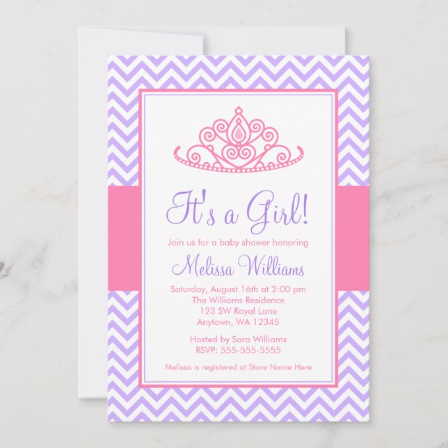 Purple Pink Chevron Princess Crown Baby Shower Invitation (Front)